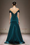 Vestido Formal Largo de Satén con Hombros Descubiertos en Azul Pavo Real