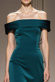 Vestido Formal Largo de Satén con Hombros Descubiertos en Azul Pavo Real