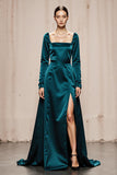 Vestido Formal Largo de Cuello Cuadrado en Línea A en Azul Pavo Real con Abertura