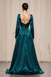 Vestido Formal Largo de Cuello Cuadrado en Línea A en Azul Pavo Real con Abertura