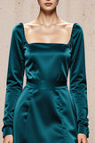 Vestido Formal Largo de Cuello Cuadrado en Línea A en Azul Pavo Real con Abertura