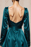 Vestido Formal Largo de Cuello Cuadrado en Línea A en Azul Pavo Real con Abertura