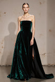 Vestido Formal Largo de Terciopelo Palabra de Honor Verde Oscuro con Abertura