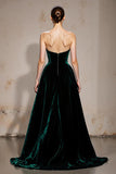 Vestido Formal Largo de Terciopelo Palabra de Honor Verde Oscuro con Abertura