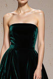 Vestido Formal Largo de Terciopelo Palabra de Honor Verde Oscuro con Abertura