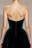 Vestido Formal Largo de Terciopelo Palabra de Honor Verde Oscuro con Abertura