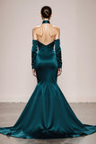 Vestidos largos de baile militar con mangas verdes de pavo real de sirena