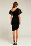 Vestido negro ajustado con volantes altos y bajos