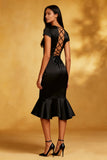 Vestido de cóctel midi sirena negro con mangas cortas