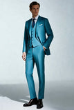 Trajes de hombre de 3 piezas con solapa de pico azul pavo real