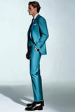 Trajes de hombre de 3 piezas con solapa de pico azul pavo real