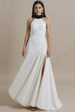Vestido Formal Largo de Cuello Alto con Abertura A Blanco