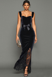 Vestido largo de fiesta de sirena de terciopelo negro con lazo