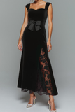 Vestido largo de fiesta de sirena de terciopelo negro con lazo