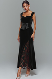Vestido largo de fiesta de sirena de terciopelo negro con lazo