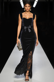 Vestido largo de fiesta de sirena de terciopelo negro con lazo