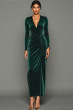 Vestido largo de fiesta navideña con cuello en V y vaina de terciopelo verde oscuro