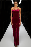 Vestido largo de fiesta de terciopelo Cabernet sin tirantes con lazo