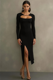 Vestido formal midi tubo negro con mangas largas