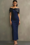 Vestido Formal Largo con Hombros Descubiertos y Lazo en Azul Marino