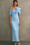 Vestido Formal Largo con Hombros Descubiertos de Sirena Azul Cielo con Lazo