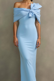 Vestido Formal Largo con Hombros Descubiertos de Sirena Azul Cielo con Lazo