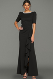 Vestido largo formal con volantes de sirena negra brillante con abertura