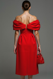 Vestido formal midi con hombros descubiertos y vaina roja