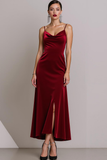 Vestido Formal Largo de Tirantes de Espagueti de Terciopelo Verde Oscuro con Abertura