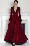 Vestido de noche de manga larga con cuello en V profundo de terciopelo Cabernet
