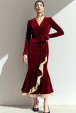 Vestido de fiesta de terciopelo con volantes de sirena Cabernet de manga larga para fiestas navideñas