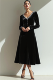 Vestido de fiesta maxi de terciopelo negro con cuello en V y mangas largas