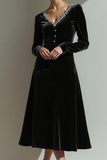 Vestido de fiesta maxi de terciopelo negro con cuello en V y mangas largas