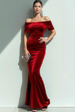 Vestido de noche maxi de terciopelo con hombros descubiertos de sirena azul marino