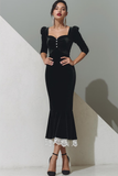 Vestido formal de terciopelo negro con longitud de té y encaje