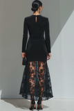 Vestido Formal Largo con Cuello en V y Tubo de Terciopelo Negro con Encaje