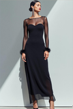 Vestido Formal Largo con Cuello de Barco y Tubo de Chifón Negro con Mangas