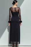 Vestido Formal Largo con Cuello de Barco y Tubo de Chifón Negro con Mangas
