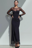 Vestido Formal Largo con Cuello de Barco y Tubo de Chifón Negro con Mangas