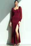 Vestido formal de manga larga con cuello cuadrado de sirena Cabernet con abertura