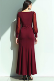 Vestido formal de manga larga con cuello cuadrado de sirena Cabernet con abertura
