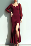 Vestido formal de manga larga con cuello cuadrado de sirena Cabernet con abertura