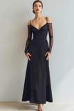 Vestido Formal Largo con Hombros Descubiertos y Mangas Negro