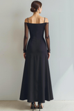 Vestido Formal Largo con Hombros Descubiertos y Mangas Negro