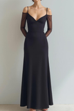 Vestido Formal Largo con Hombros Descubiertos y Mangas Negro