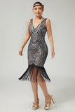 Vestido ajustado con flecos de albaricoque negro de los años 20 con lentejuelas