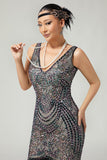 Vestido ajustado con flecos de albaricoque negro de los años 20 con lentejuelas