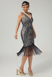 Vestido ajustado con flecos de albaricoque negro de los años 20 con lentejuelas
