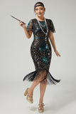 Vestido negro brillante con flecos azules de la década de 1920 con mangas cortas