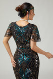 Vestido negro brillante con flecos azules de la década de 1920 con mangas cortas